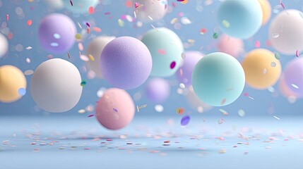 Pastel spheres and confetti in soft light