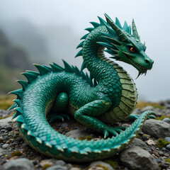 Fototapeta premium A stunning green dragon sits amidst a rocky landscape, filled with detail and fantasy.