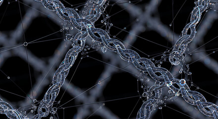 Futuristic Abstract Network Structure, Digital Helix Connections. A complex futuristic abstract network showing data flow and neural connections. Science and technology background.