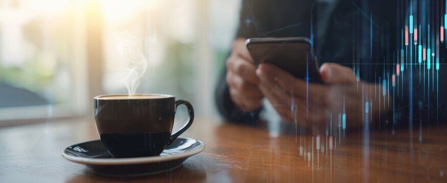 The Coffee Cup and Smartphone with Financial Graphs on a Cozy Morning Table