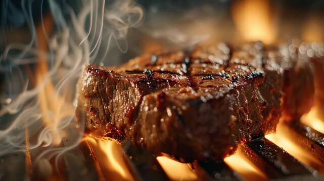 Close-up of a thick steak sizzling on a hot barbecue grill. Flames and smoke rise from the coals below, creating grill marks and highlighting the delicious, juicy meat.