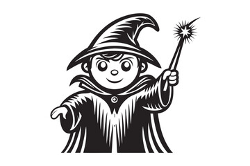 Cartoon Wizard Smiling Holding Magic Wand in Black Silhouette on White Background