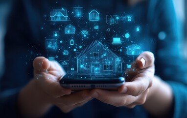 Hands holding a smartphone with digital icons representing smart home technology and Internet of Things (IoT) integration, highlighting innovation and connectivity through a futuristic interface.