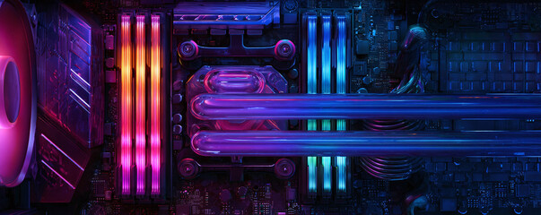 Detailed closeup of a highend computer motherboard with vibrant RGB lighting. Evokes concepts of technology, gaming, futuristic design, and high performance. Ideal for tech blogs.