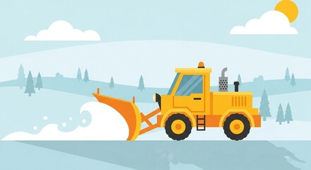 Illustration of a yellow snowplow truck clearing a road in a snowy winter landscape with trees.
