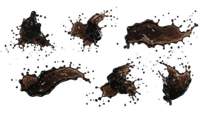 Dynamic splashes of rich, dark liquid frozen mid-air, forming abstract shapes with scattering droplets against a transparent studio background, concept of advanced digital transformation