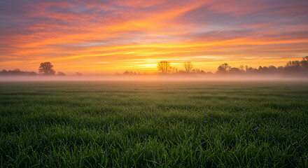 Sunrise over Misty Green Field