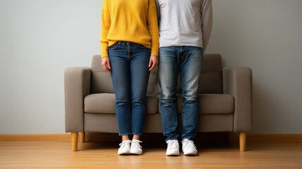 Couple standing side by side in casual clothing in front of sofa on wooden floor, showing partial bodies with relaxed posture