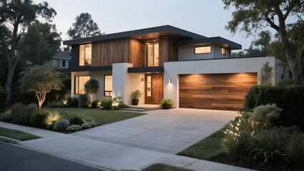 Modern Two-story House with Wooden and White Exterior in Suburban Neighborhood