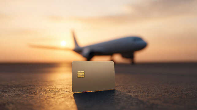 Credit card standing on runway surface with airplane in background during sunset, symbolizing travel and finance connection