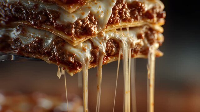 A close-up shot of a stack of delicious lasagna, with a fork lifting a piece and strings of melted cheese drizzling down. This meal is prepared and ready to eat.