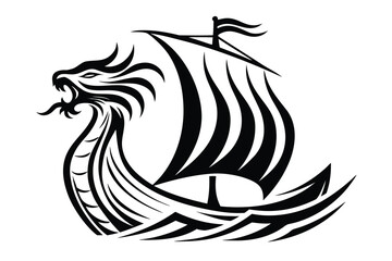 Fun Viking Ship with Cartoon Character, Black and White on White Background