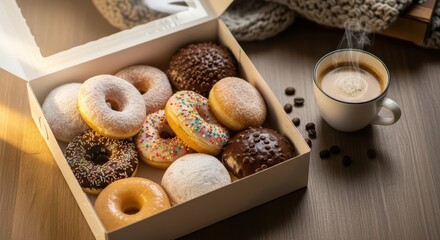 Assorted donuts and hot coffee on wooden table