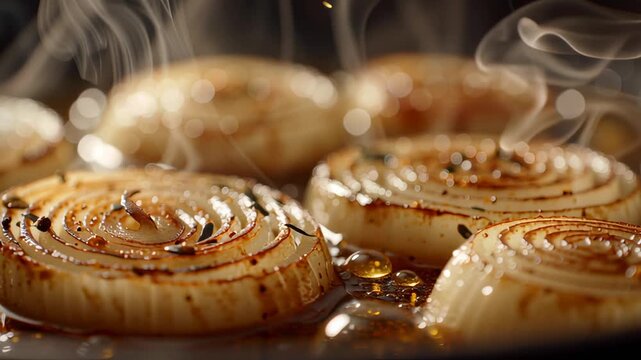 A close-up shot of several thick, round slices of onion sizzling and cooking in a hot pan. Steam rises from the caramelized vegetable, creating a delicious look.