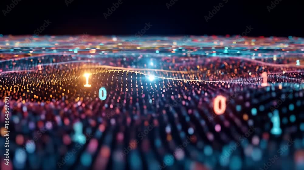 Wall mural abstract digital binary code data stream visualization in blue and orange tones