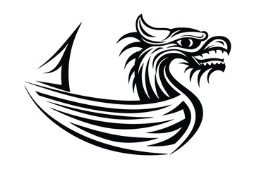 Black Viking Ship Drakkar with Dragon Head on White Background Icon Style