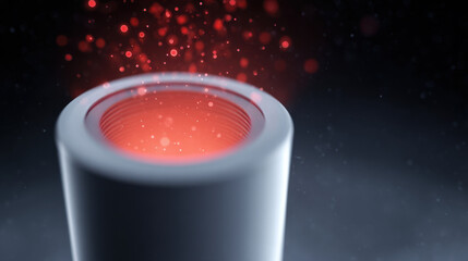 Cylindrical air purifier glowing red filter indicator with floating dust particles in dark background creating clean air concept