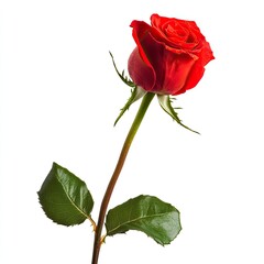 Single vibrant red rose on a long stem, against a plain white background.  Rosebud, leaves, and stem are sharply in focus