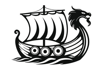 Detailed Viking Drakkar Ship Silhouette with Dragon Head on White Background