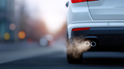 Exhaust fumes rising slowly behind white SUV on blurred street with soft light creating calm and quiet urban atmosphere