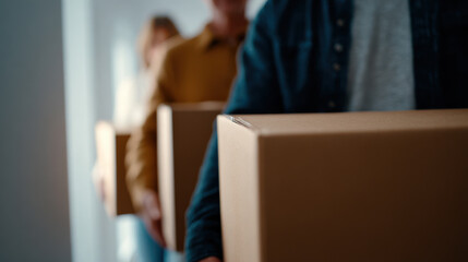 People holding cardboard boxes in hallway, partial bodies visible, moving or organizing items with warm light and casual clothing