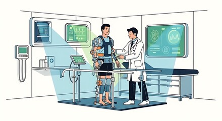 Patient in Exoskeleton Suit with Doctor for Rehabilitation.