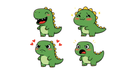 Set of cute cartoon dinosaur characters with different emotions