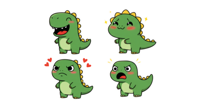 Set of cute cartoon dinosaur characters with different emotions