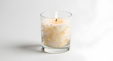 Elegant gold flake candle burning, luxury decorative candle in glass. White aromatherapy candle with gold flakes and warm flame for home decor, relaxation. Gold flake candle.
