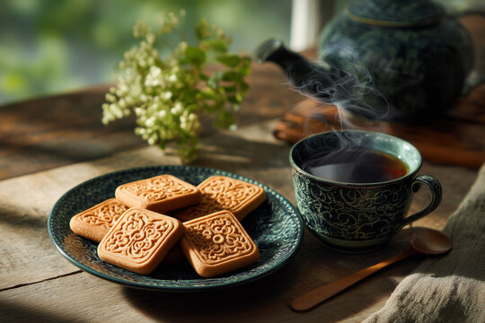 Classic ginger biscuits with cute motif carvings, warm atmosphere with a cup of tea, morning sunlight coming in from the window