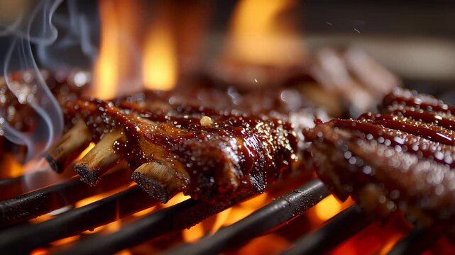 Juicy ribs are sizzling on a hot grill as flames rise and smoke billows. The tender meat is being prepared in a classic barbecue style, a delicious food that is perfect for cooking and grilling.