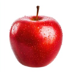 A single, vibrant red apple, covered in water droplets, against a white background
