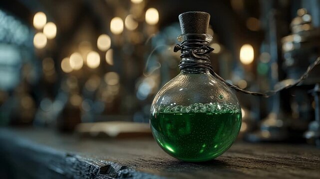 A small glass potion bottle with a cork stopper rests on a wooden table. The bottle is filled with a green liquid and bubbles, representing magic or alchemy.