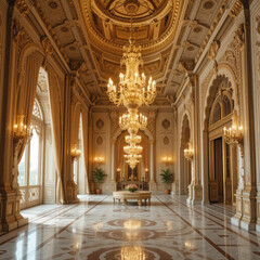 Step into luxury with this grand ballroom featuring ornate gold details and shimmering marble floors, perfect for elegant events and sophisticated designs