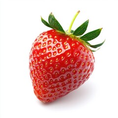 Single, vibrant red strawberry with green leaves (44)