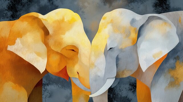 Dos elefantes, uno naranja y otro gris, se tocan con sus trompas en un fondo texturizado.
