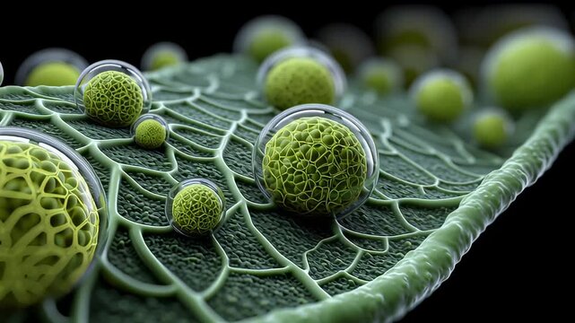 A close-up, microscopic view of a green leaf with small, vibrant cells and molecules on its surface.