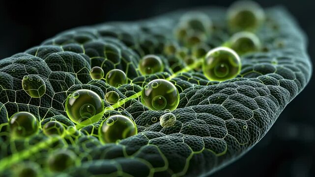 Green water droplets with a bright glow sit on a plant leaf, highlighting its intricate cellular structure and vein-like patterns against a dark background.