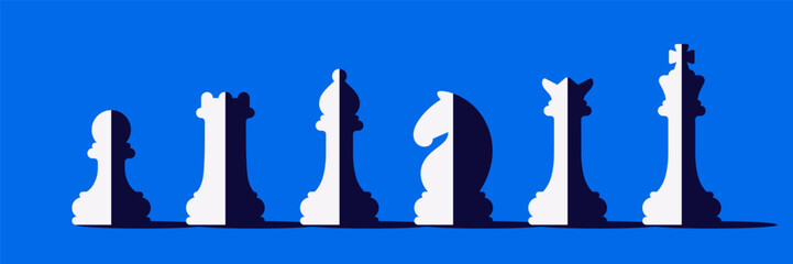 Set of chess pieces isolated. Vector illustration of classic chess figures king, queen, rook, bishop, knight, and pawn. Black and white game icons for strategy, competition, and board game design. © Ihor