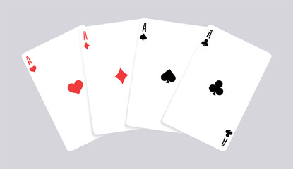 Vector illustration of four aces fanned out. Spade, heart, club, and diamond aces arranged in a fan layout. Perfect for poker, casino, gambling, and entertainment graphic projects.