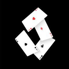 Vector illustration of playing cards floating in the air. Spade, heart, club, and diamond aces in dynamic arrangement. Perfect for poker, casino, gambling, entertainment, and graphic projects.