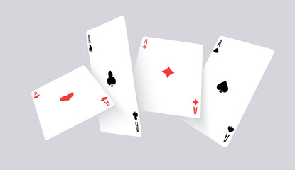 Vector illustration of playing cards floating in the air. Spade, heart, club, and diamond aces in dynamic arrangement. Perfect for poker, casino, gambling, entertainment, and graphic projects.