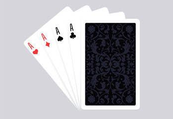Vector illustration of playing card back and four aces in a fan. Classic casino style with spade, heart, club, and diamond. Perfect for poker, gambling, luck, and entertainment designs. Bridge size.