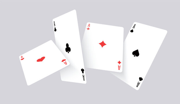 Vector illustration of playing cards floating in the air. Spade, heart, club, and diamond aces in dynamic arrangement. Perfect for poker, casino, gambling, entertainment, and graphic projects.