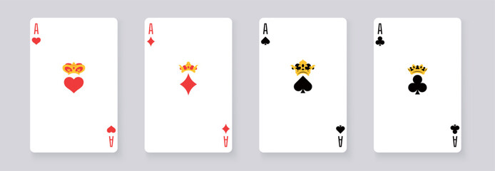 Vector illustration of four aces playing cards set. Spade, heart, club, and diamond aces isolated on white background. Perfect for casino, poker, gambling, and entertainment designs.