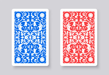 Vector set of playing card backs in different color variations. Decorative patterns for decks. Perfect for poker, casino, gambling, bridge, and entertainment game designs. Bridge size.