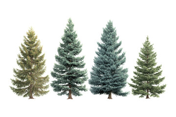 Four trees of different sizes and colors are shown in a row. The trees are all green, with one being the tallest and the other three being smaller. Concept of growth and diversity