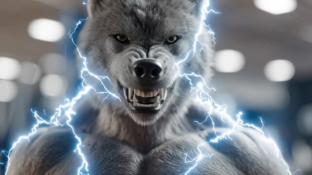 A fierce werewolf with gray fur and sharp fangs is engulfed by blue lightning, demonstrating power, magic, and supernatural abilities in a fantasy scene.
