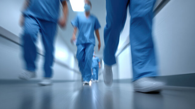 Medical staff walking in hospital corridor wearing blue scrubs and white shoes, busy healthcare workers moving quickly