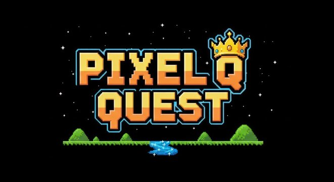 Pixel Quest Game Logo with Crown, Mountains, and Pixelated Stars on Black Background